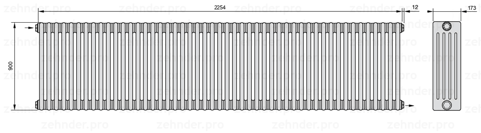 Схема (чертеж) Радиатор Zehnder Charleston 5090/49 №1670 Белый глянцевый RAL 9016